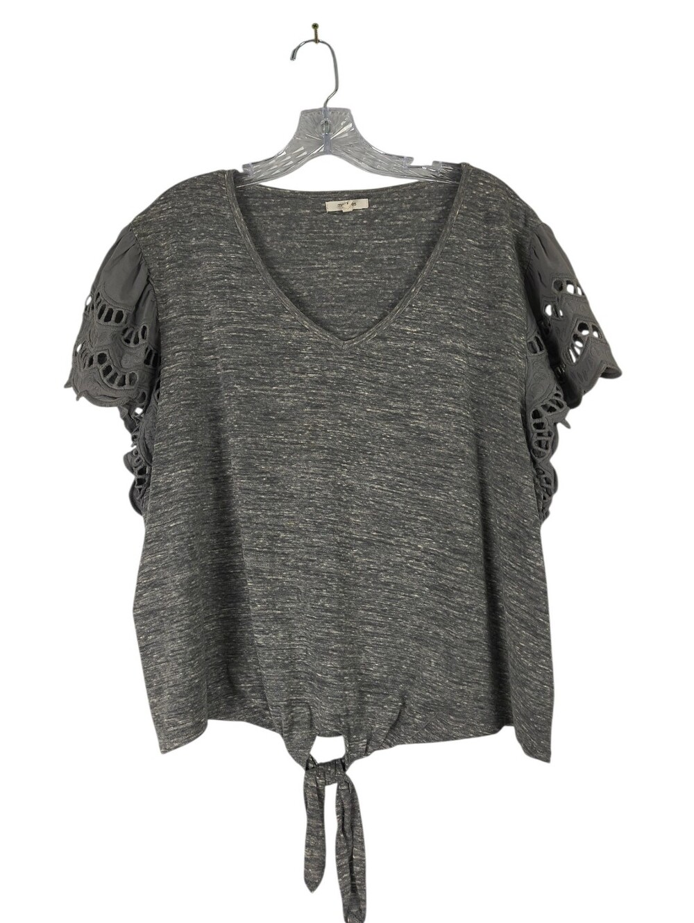 Maurices Top Women's 2X Gray V Neck Tie Hem Crochet Short Sleeves Casual